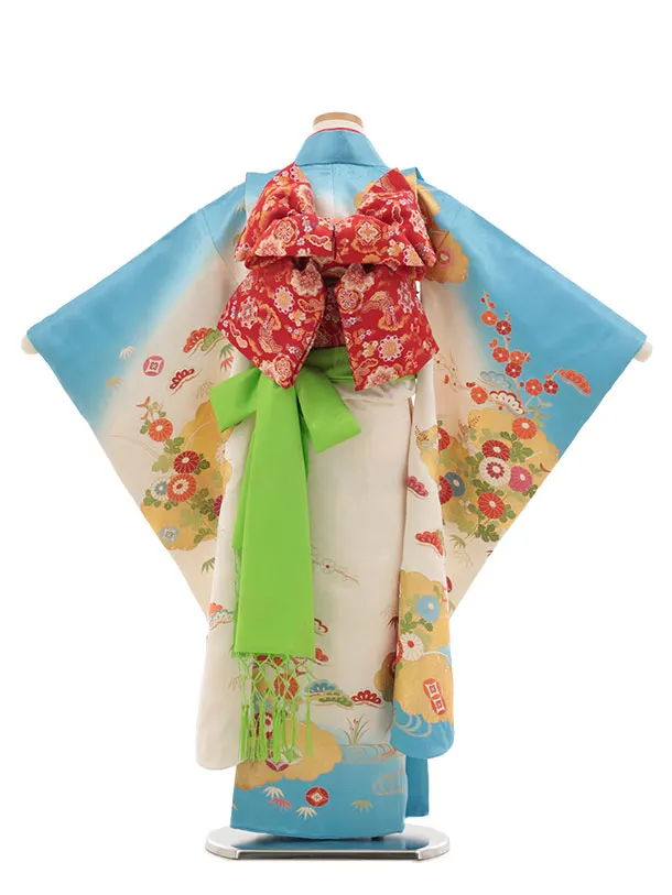 七五三(7歳結び帯)Y435【正絹】ブルーぼかし 古典花
