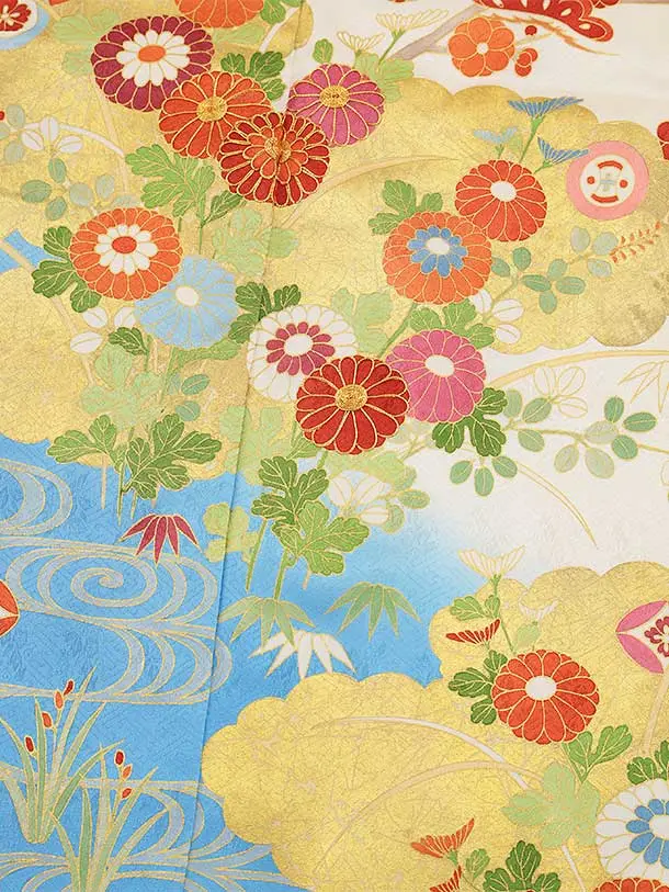 七五三(7歳結び帯)Y435【正絹】ブルーぼかし 古典花