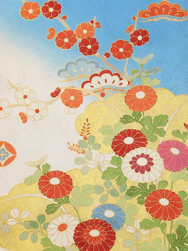 七五三(7歳結び帯)Y435【正絹】ブルーぼかし 古典花