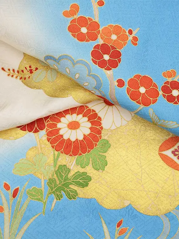 七五三(7歳結び帯)Y435【正絹】ブルーぼかし 古典花