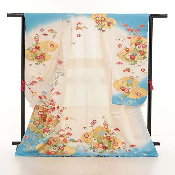 七五三(7歳結び帯)Y435【正絹】ブルーぼかし 古典花