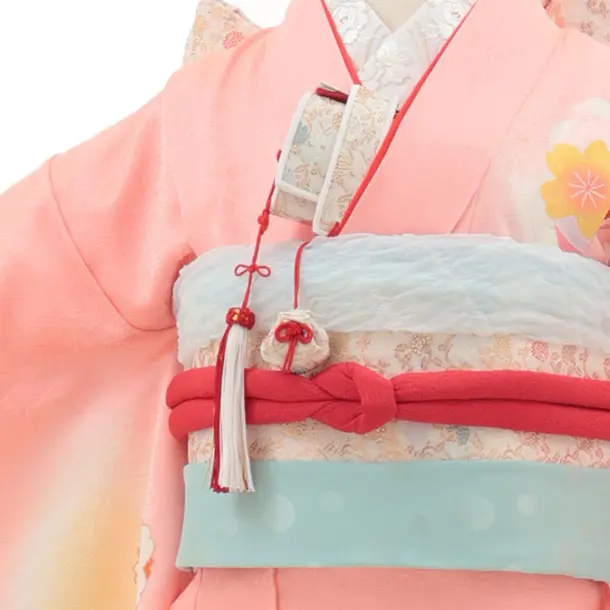 七五三(7歳結び帯)Y437【正絹】サーモンピンク 鈴に桜梅橘