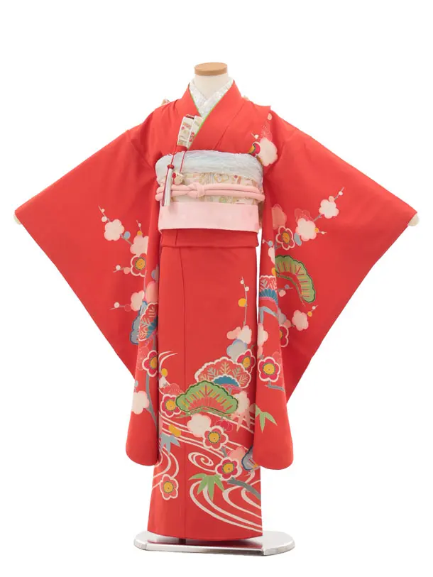 七五三(7歳結び帯)Y441【正絹】紅緋色 流水 松竹梅