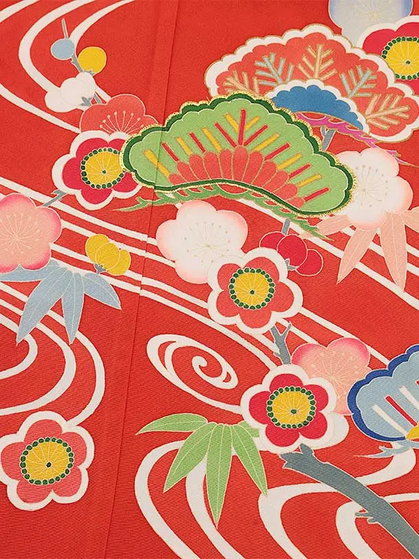 七五三(7歳結び帯)Y441【正絹】紅緋色 流水 松竹梅