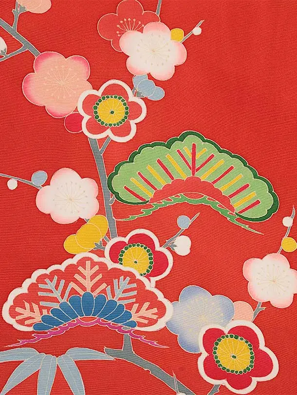 七五三(7歳結び帯)Y441【正絹】紅緋色 流水 松竹梅