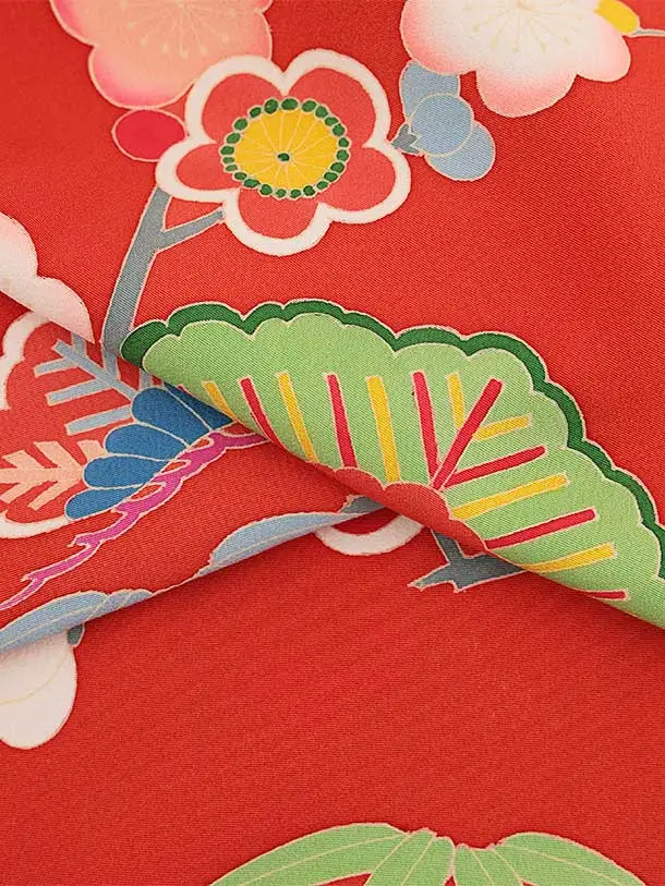 七五三(7歳結び帯)Y441【正絹】紅緋色 流水 松竹梅