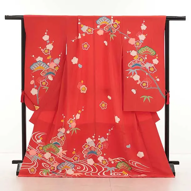 七五三(7歳結び帯)Y441【正絹】紅緋色 流水 松竹梅