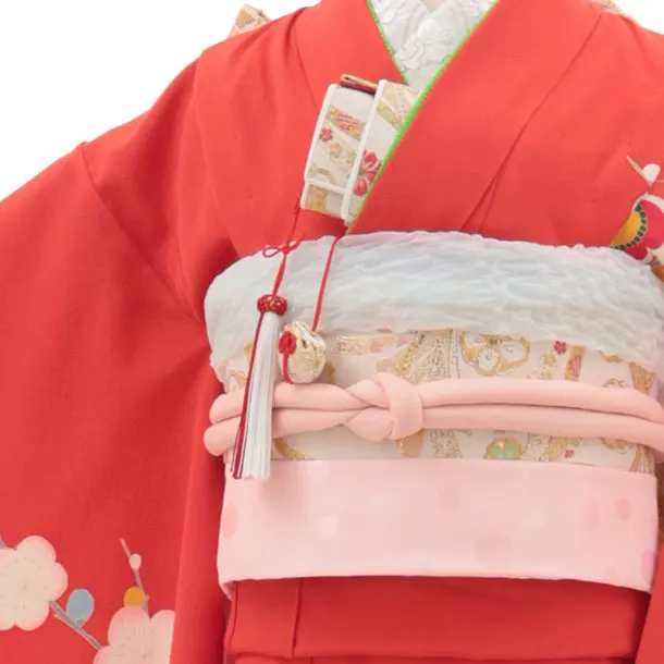 七五三(7歳結び帯)Y441【正絹】紅緋色 流水 松竹梅