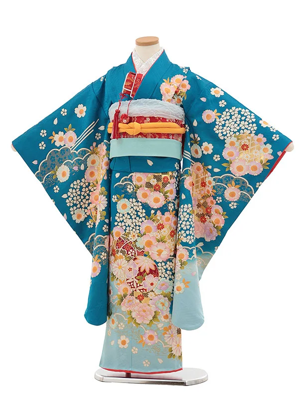 七五三(7歳結び帯)Y448【正絹】ブルーぼかし 鞠 四季花