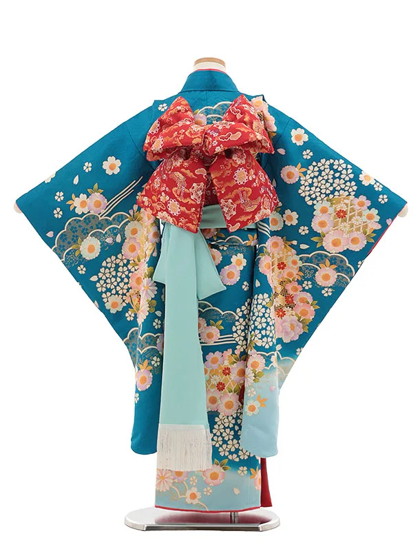 七五三(7歳結び帯)Y448【正絹】ブルーぼかし 鞠 四季花