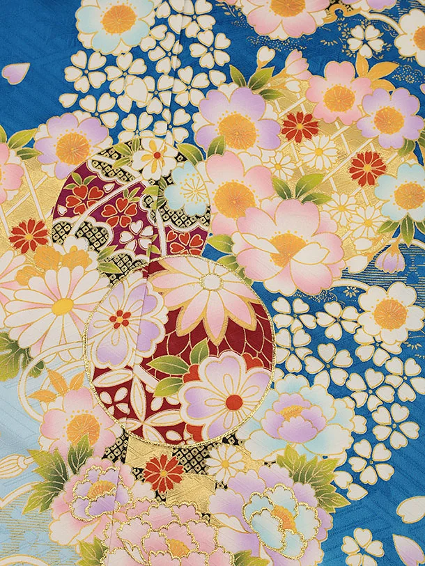 七五三(7歳結び帯)Y448【正絹】ブルーぼかし 鞠 四季花