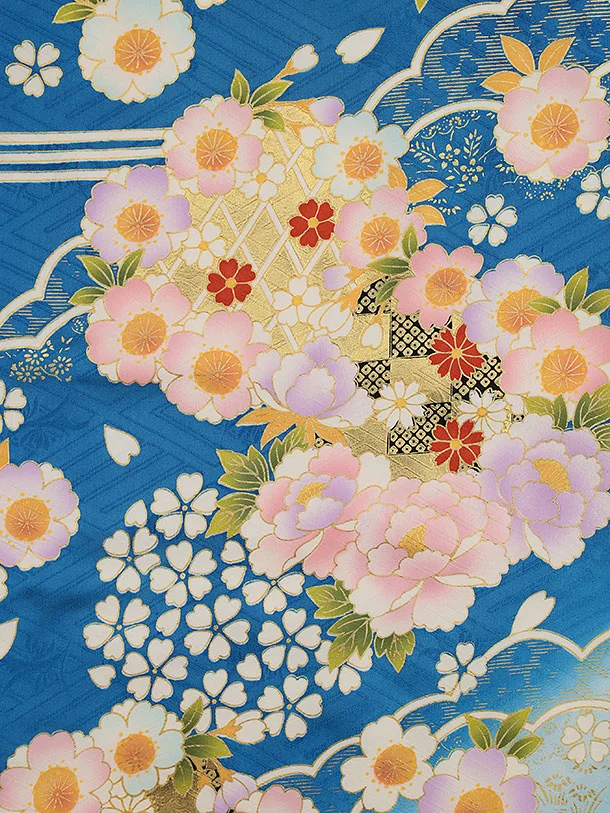 七五三(7歳結び帯)Y448【正絹】ブルーぼかし 鞠 四季花