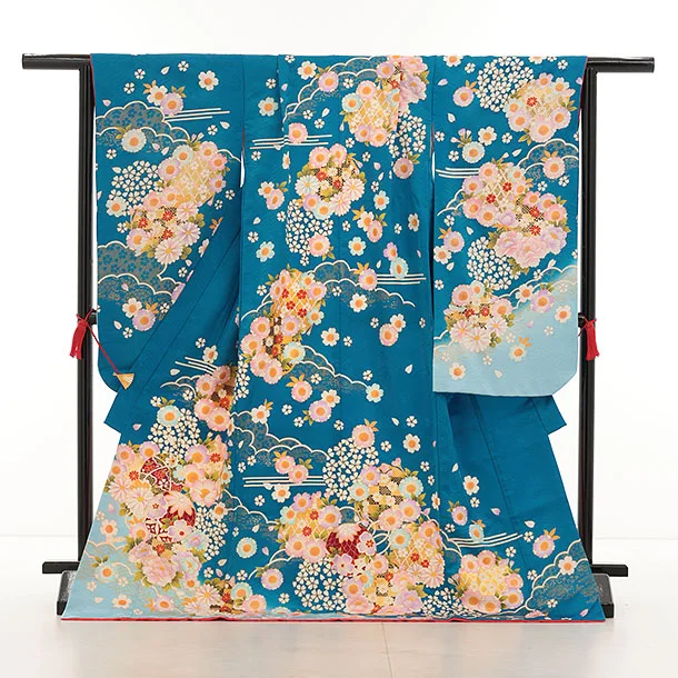 七五三(7歳結び帯)Y448【正絹】ブルーぼかし 鞠 四季花