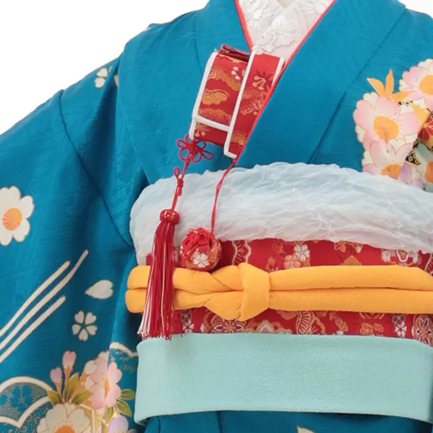 七五三(7歳結び帯)Y448【正絹】ブルーぼかし 鞠 四季花