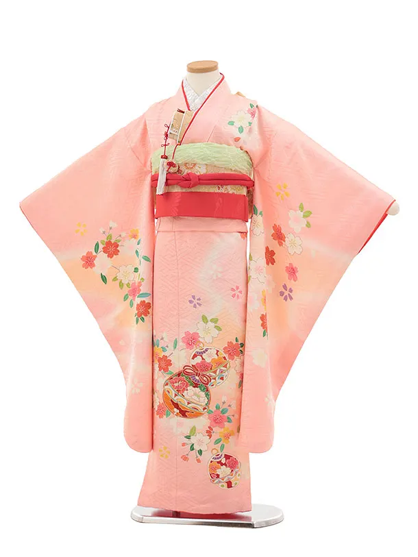 七五三(7歳結び帯)Y449【正絹】ピンク系 鈴に桜