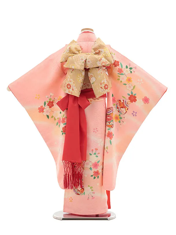 七五三(7歳結び帯)Y449【正絹】ピンク系 鈴に桜