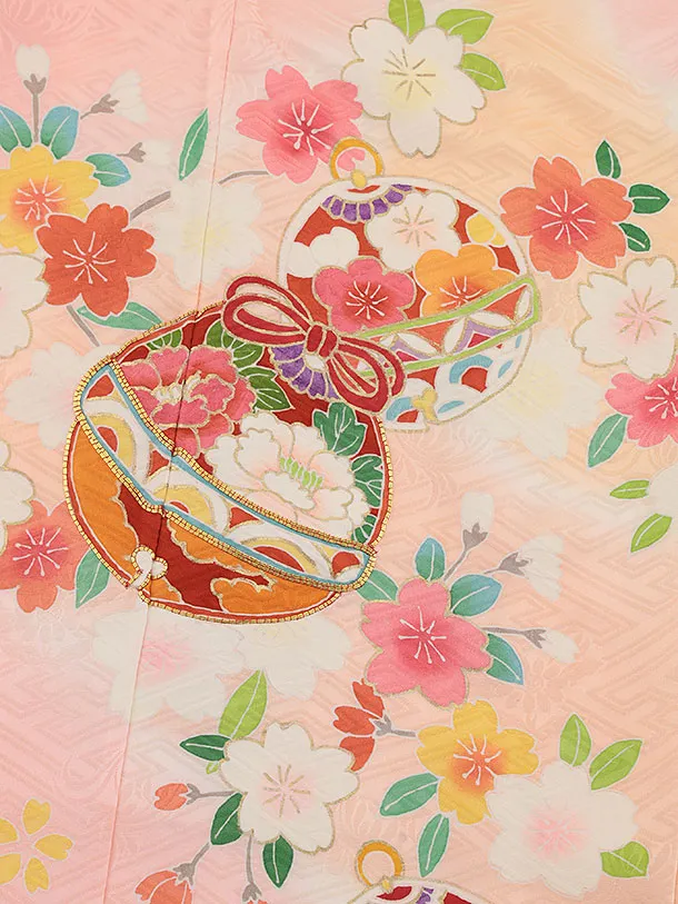 七五三(7歳結び帯)Y449【正絹】ピンク系 鈴に桜