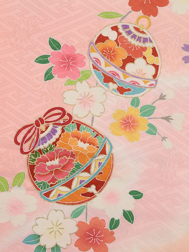 七五三(7歳結び帯)Y449【正絹】ピンク系 鈴に桜