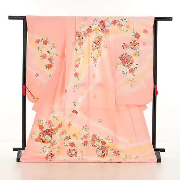 七五三(7歳結び帯)Y449【正絹】ピンク系 鈴に桜