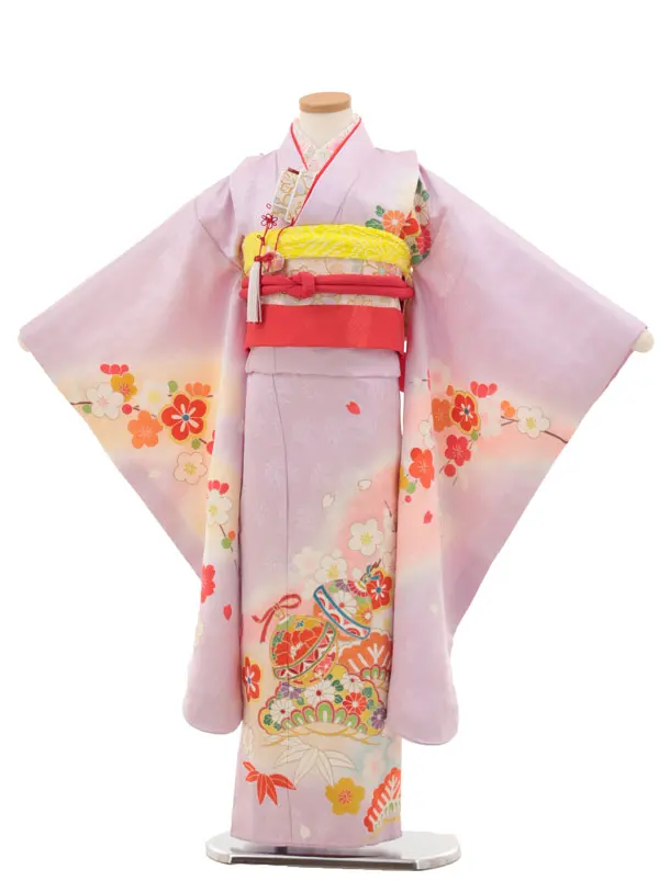 七五三(7歳結び帯)Y453【正絹】ラベンダー 鈴に松竹梅