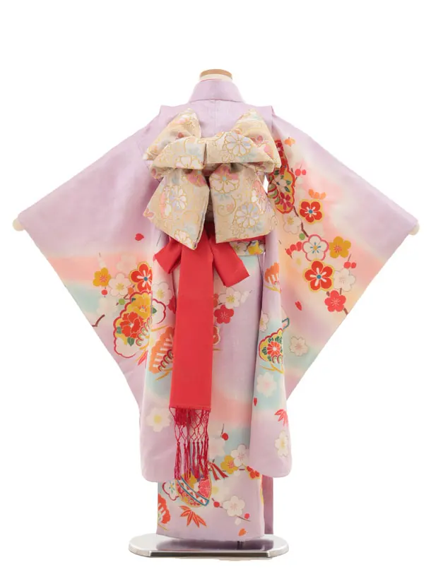 七五三(7歳結び帯)Y453【正絹】ラベンダー 鈴に松竹梅