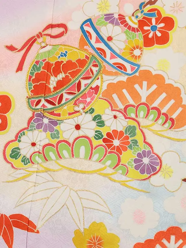 七五三(7歳結び帯)Y453【正絹】ラベンダー 鈴に松竹梅