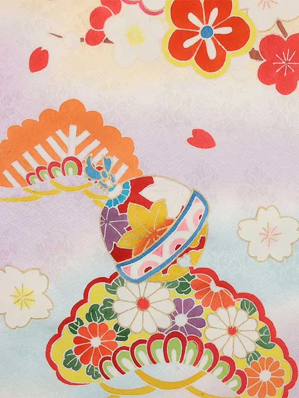 七五三(7歳結び帯)Y453【正絹】ラベンダー 鈴に松竹梅