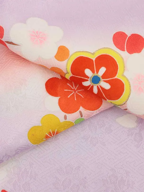 七五三(7歳結び帯)Y453【正絹】ラベンダー 鈴に松竹梅