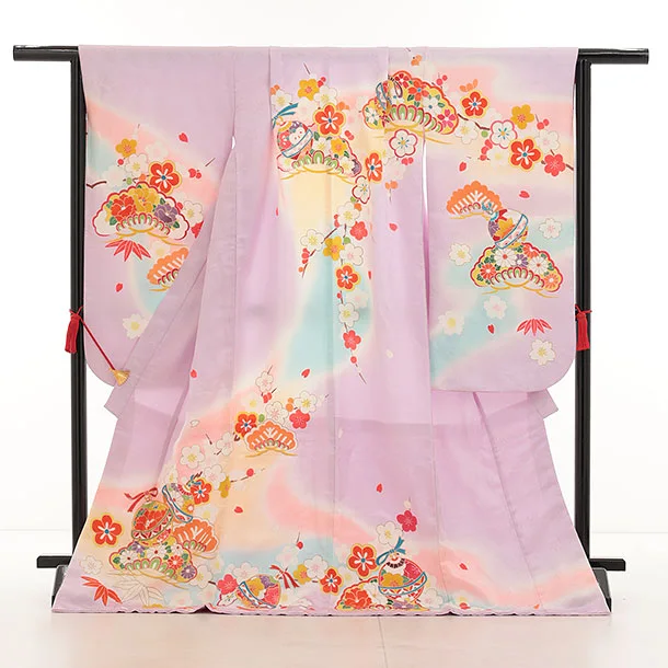 七五三(7歳結び帯)Y453【正絹】ラベンダー 鈴に松竹梅