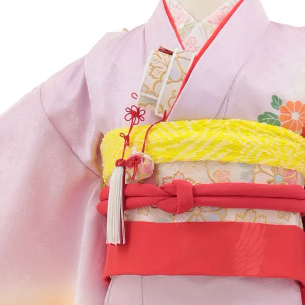 七五三(7歳結び帯)Y453【正絹】ラベンダー 鈴に松竹梅