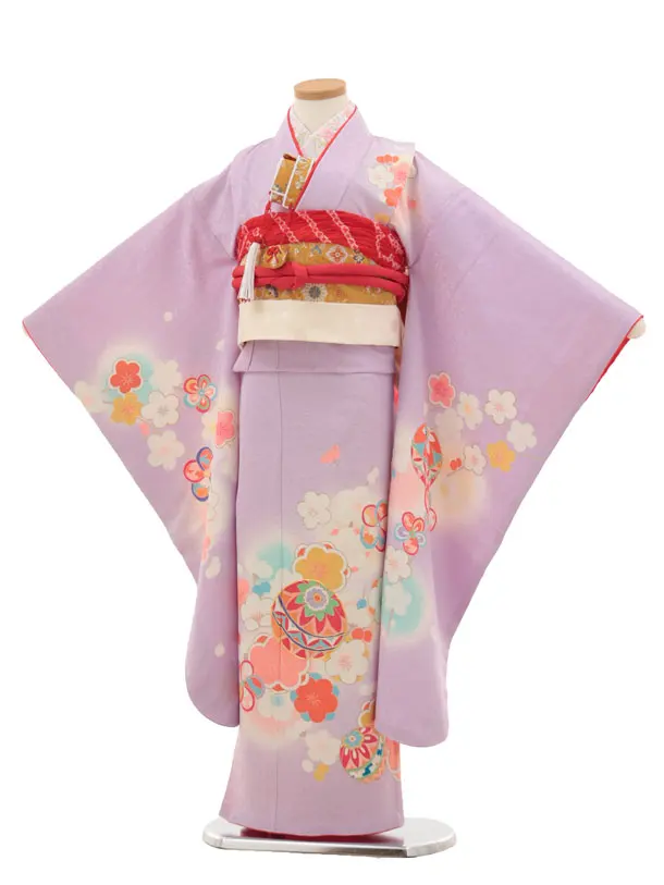 七五三(7歳結び帯)Y456【正絹】ラベンダー 鞠に梅