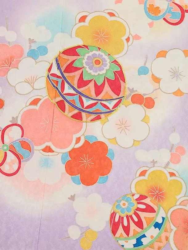 七五三(7歳結び帯)Y456【正絹】ラベンダー 鞠に梅