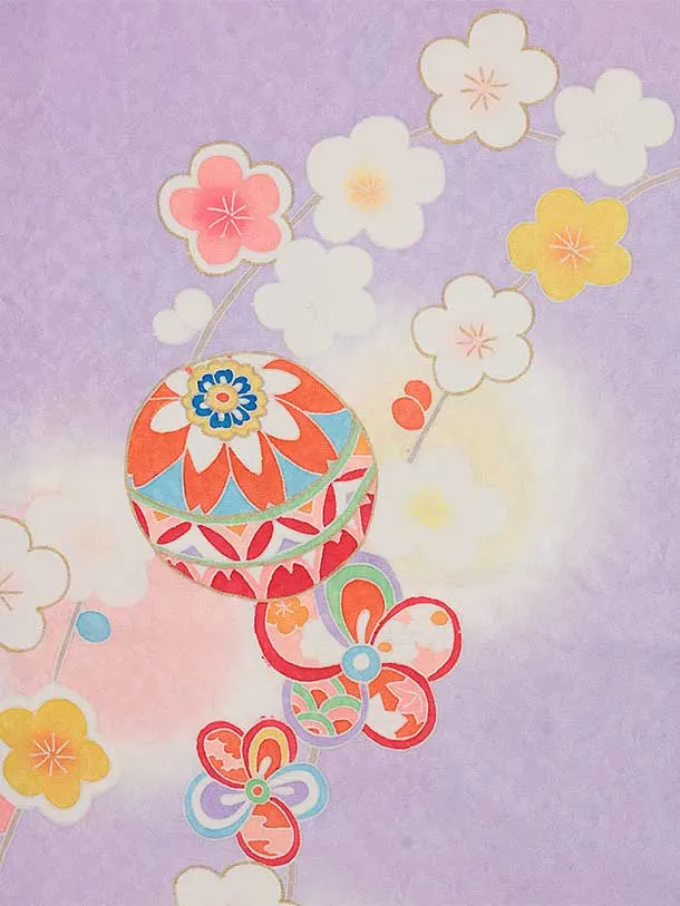 七五三(7歳結び帯)Y456【正絹】ラベンダー 鞠に梅