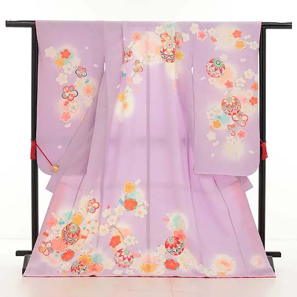 七五三(7歳結び帯)Y456【正絹】ラベンダー 鞠に梅