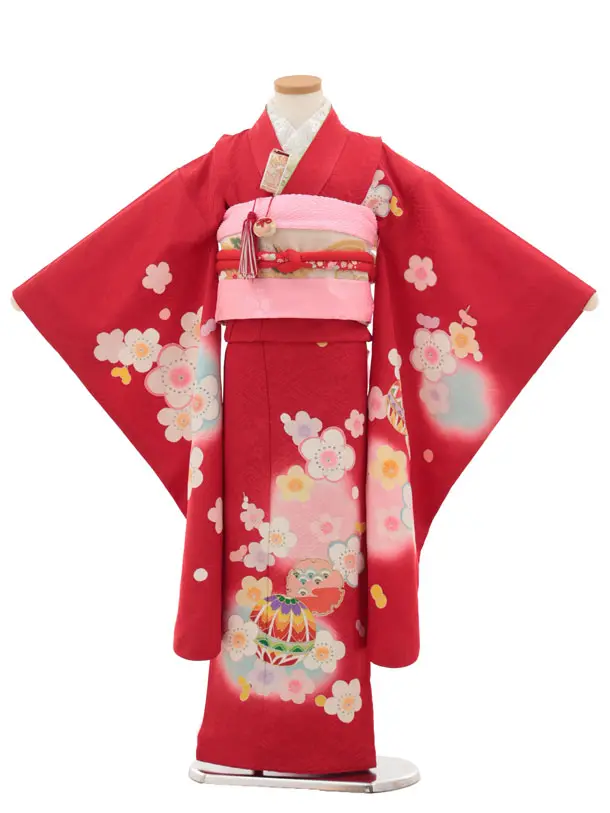 七五三(7歳袋帯)Y474【高級正絹】赤地 鞠 雪輪梅