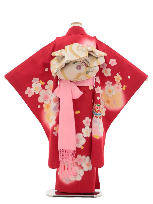 七五三(7歳袋帯)Y474【高級正絹】赤地 鞠 雪輪梅