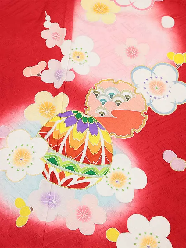 七五三(7歳袋帯)Y474【高級正絹】赤地 鞠 雪輪梅