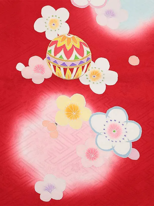 七五三(7歳袋帯)Y474【高級正絹】赤地 鞠 雪輪梅