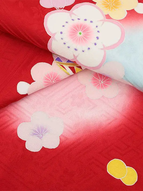 七五三(7歳袋帯)Y474【高級正絹】赤地 鞠 雪輪梅