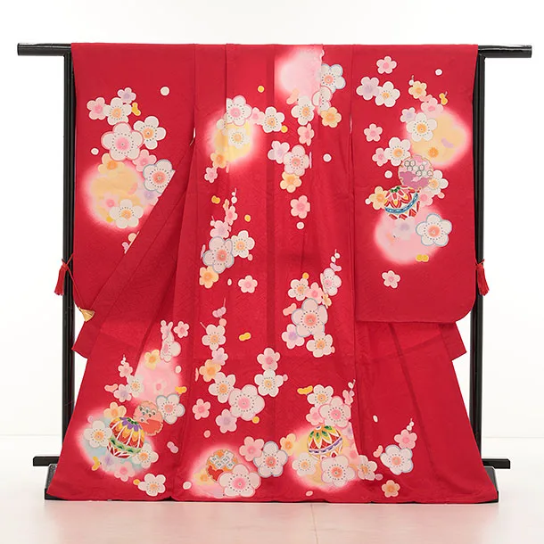 七五三(7歳袋帯)Y474【高級正絹】赤地 鞠 雪輪梅