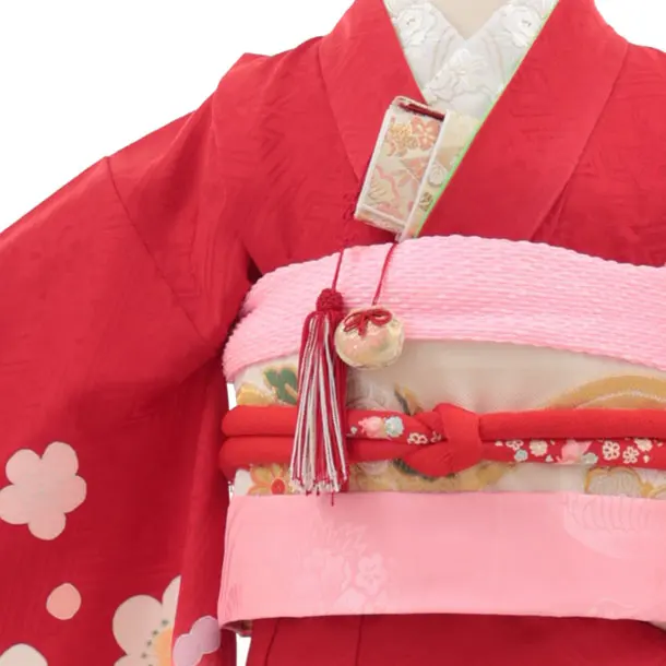 七五三(7歳袋帯)Y474【高級正絹】赤地 鞠 雪輪梅