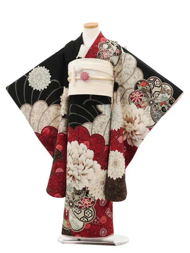 七五三(7歳結び帯)Y486 JAPANE STYLE 黒 牡丹 ねじり菊