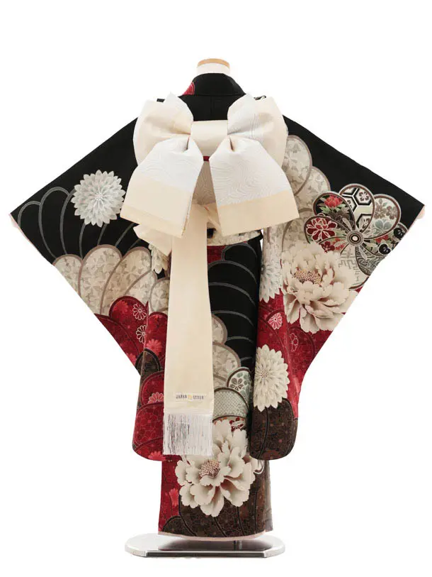 七五三(7歳結び帯)Y486 JAPANE STYLE 黒 牡丹 ねじり菊