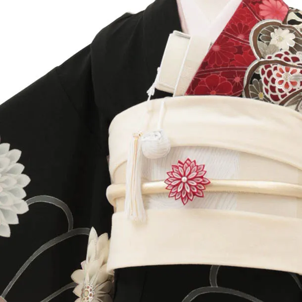 七五三(7歳結び帯)Y486 JAPANE STYLE 黒 牡丹 ねじり菊