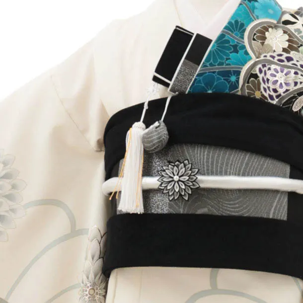 七五三(7歳結び帯)Y487 JAPANE STYLE オフ白 牡丹 ねじり菊