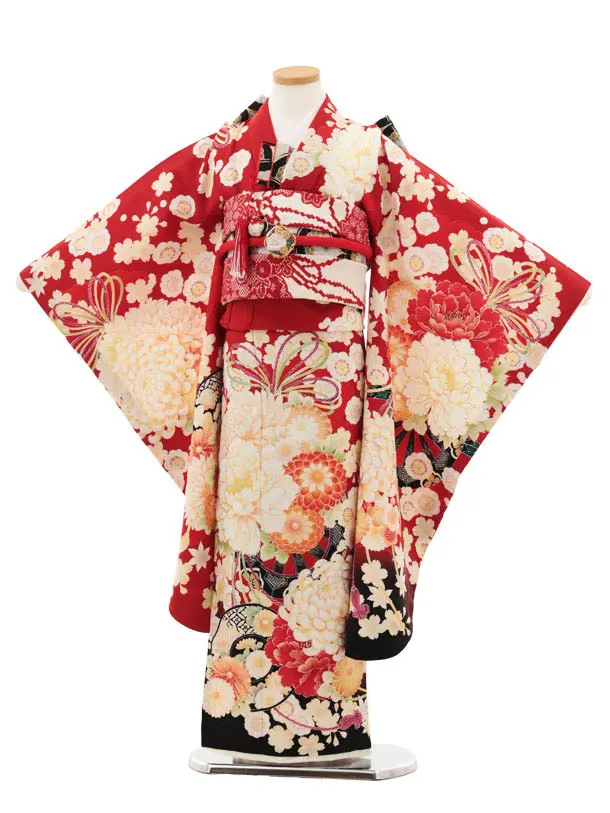 七五三(7歳結び帯)Y491 華徒然 赤 源氏車に薬玉