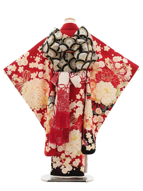 七五三(7歳結び帯)Y491 華徒然 赤 源氏車に薬玉