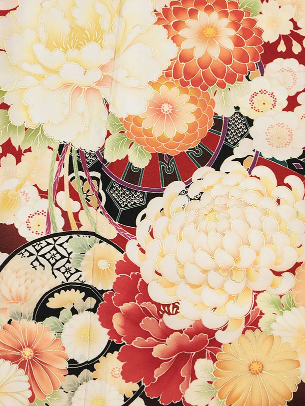 七五三(7歳結び帯)Y491 華徒然 赤 源氏車に薬玉