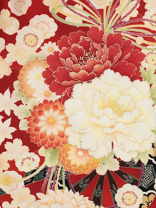 七五三(7歳結び帯)Y491 華徒然 赤 源氏車に薬玉