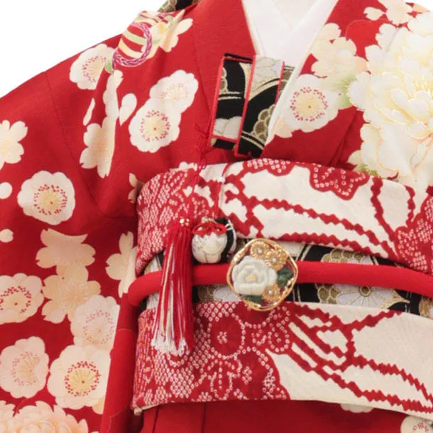 七五三(7歳結び帯)Y491 華徒然 赤 源氏車に薬玉